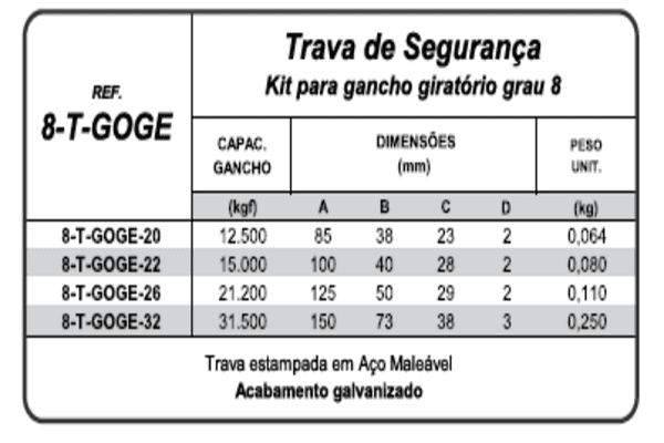 Trava de Segurança Kit para gancho Goratorio grau 8 - 8-T-GOGE - MED